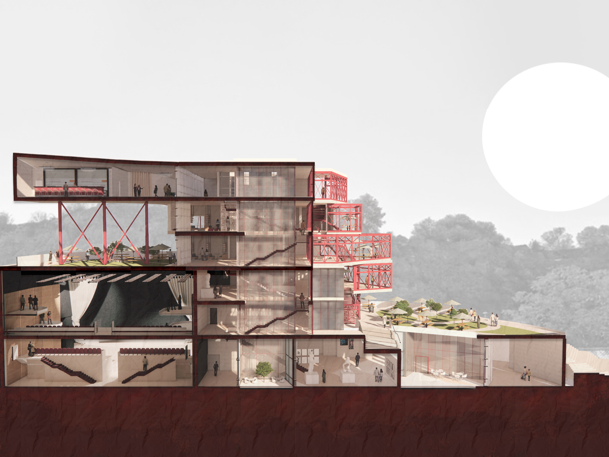 The perspective section demonstrates the spatial functions of the building and the circulation between the exhibition, library, performance theater, and outdoor spaces.